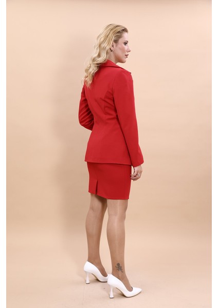 Erkek Yaka Yelek Ceket & Yırtmaçlı Düz Dar Etek-Kırmızı modelleri