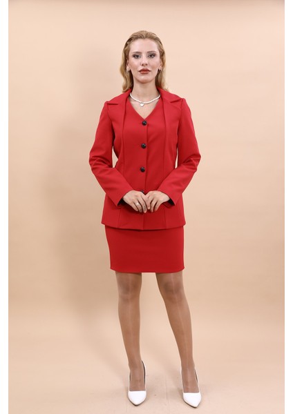 Erkek Yaka Yelek Ceket & Yırtmaçlı Düz Dar Etek-Kırmızı fırsatları