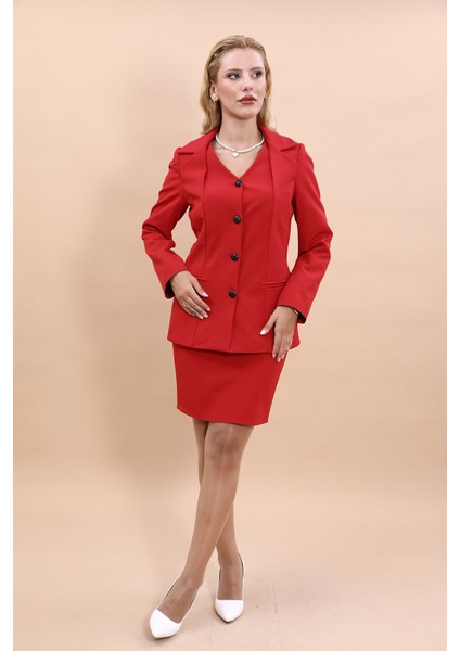 Erkek Yaka Yelek Ceket & Yırtmaçlı Düz Dar Etek-Kırmızı indirimleri