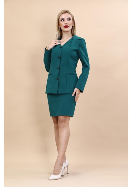 Erkek Yaka Yelek Ceket & Yırtmaçlı Düz Dar Etek-Petrol