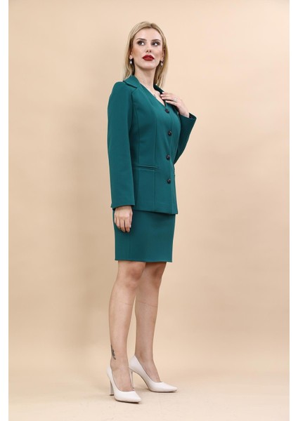 Erkek Yaka Yelek Ceket & Yırtmaçlı Düz Dar Etek-Petrol modelleri