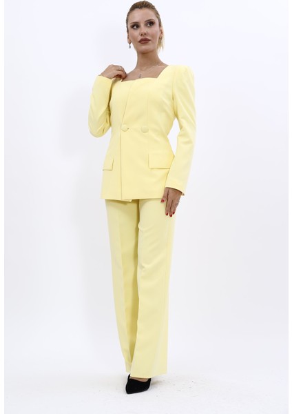 Kare Yaka Ceket & Bol Paça Pantolon-Sarı