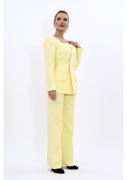 Kare Yaka Ceket & Bol Paça Pantolon-Sarı modelleri