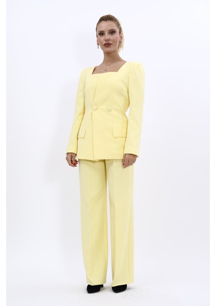 Kare Yaka Ceket & Bol Paça Pantolon-Sarı indirimleri