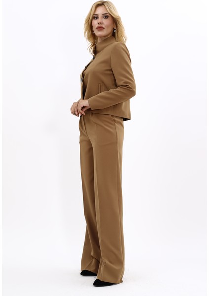 Oval Dik Yaka Kısa Ceket & Korsaj Kemer Palazzo Pantolon-Camel fiyatları