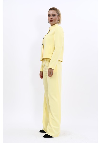 Oval Dik Yaka Kısa Ceket & Korsaj Kemer Palazzo Pantolon-Sarı fiyatları