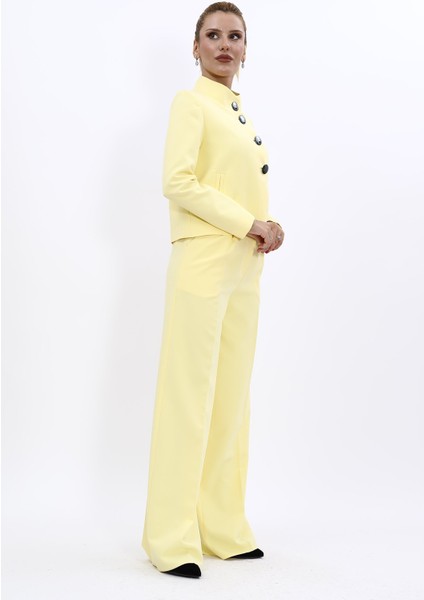 Oval Dik Yaka Kısa Ceket & Korsaj Kemer Palazzo Pantolon-Sarı modelleri