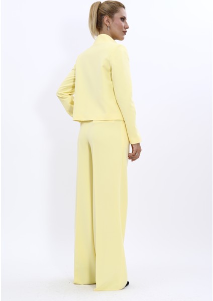 Oval Dik Yaka Kısa Ceket & Korsaj Kemer Palazzo Pantolon-Sarı fırsatları