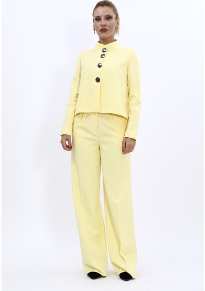 Oval Dik Yaka Kısa Ceket & Korsaj Kemer Palazzo Pantolon-Sarı indirimleri