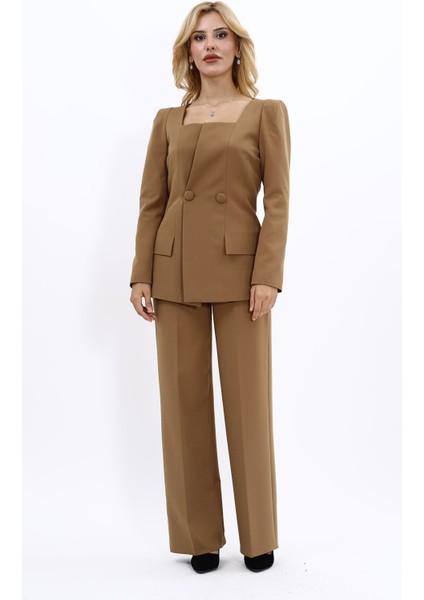 Kare Yaka Ceket & Bol Paça Pantolon-Camel