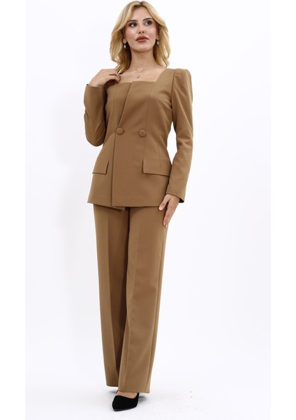 Kare Yaka Ceket & Bol Paça Pantolon-Camel fiyatları