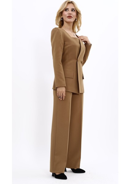 Kare Yaka Ceket & Bol Paça Pantolon-Camel fırsatları