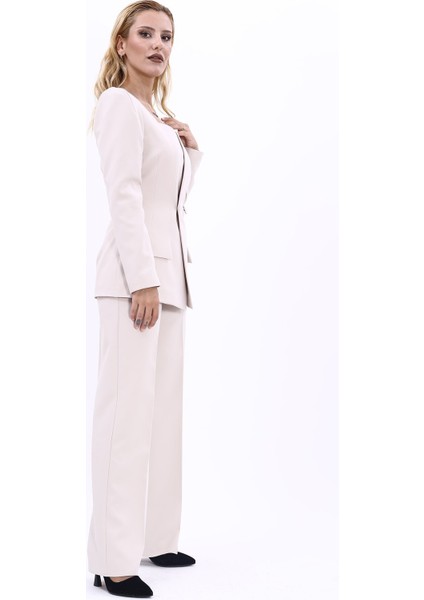 Kare Yaka Ceket & Bol Paça Pantolon-Bej modelleri