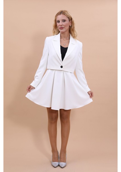 Erkek Yaka Tek Düğmeli Kısa Ceket & Kısa Kloş Etek-Beyaz indirimleri