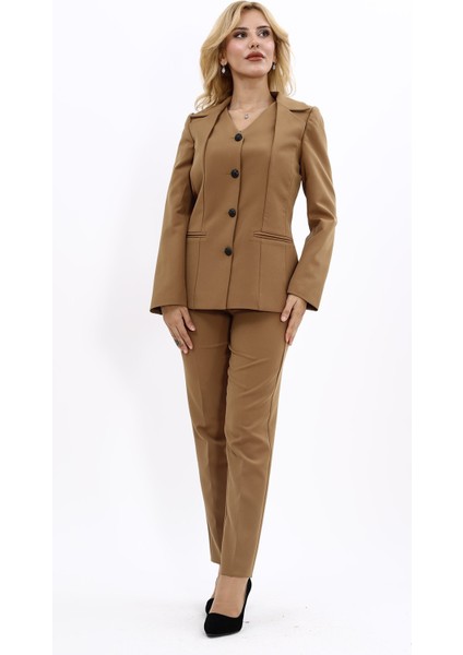 Erkek Yaka Yelek Ceket & Dar Paça Pantolon-Camel