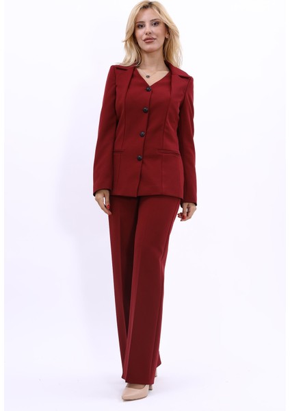 Erkek Yaka Yelek Ceket & Bol Paça Pantolon-Bordo