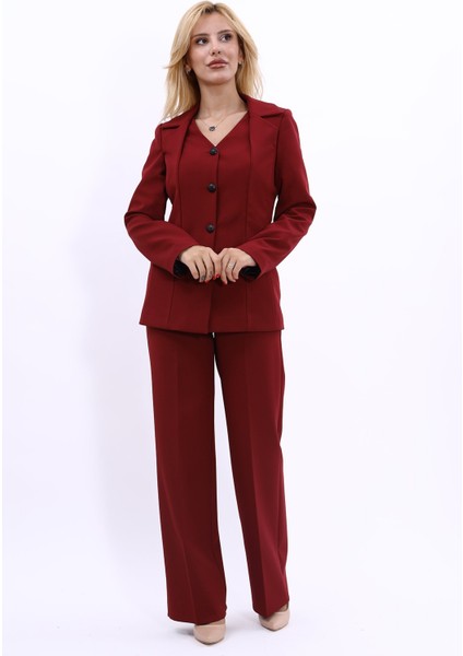 Erkek Yaka Yelek Ceket & Bol Paça Pantolon-Bordo indirimleri