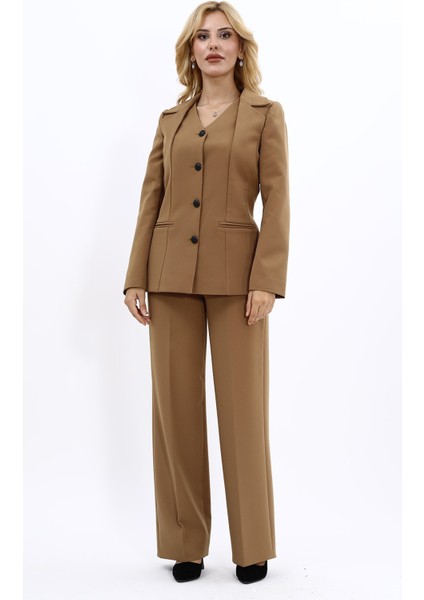 Erkek Yaka Yelek Ceket & Bol Paça Pantolon-Camel