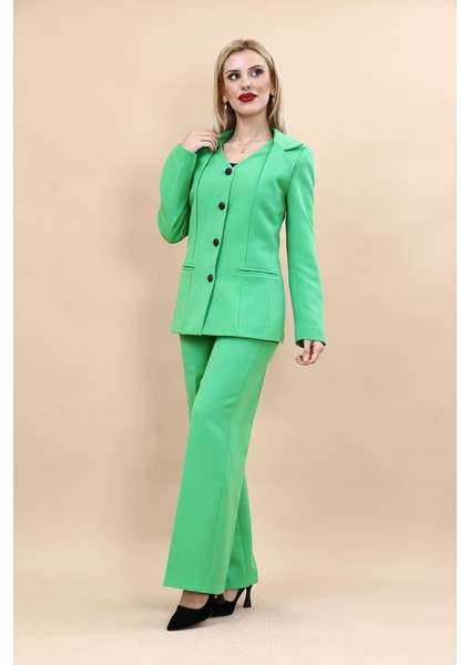 Erkek Yaka Yelek Ceket & Bol Paça Pantolon-Yeşil