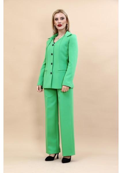 Erkek Yaka Yelek Ceket & Bol Paça Pantolon-Yeşil indirimleri