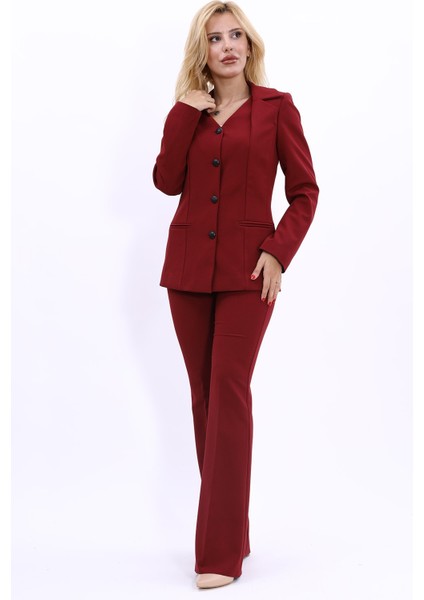 Erkek Yaka Yelek Ceket & İspanyol Paça Pantolon-Bordo