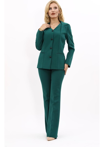 Erkek Yaka Yelek Ceket & İspanyol Paça Pantolon-Zümrüt