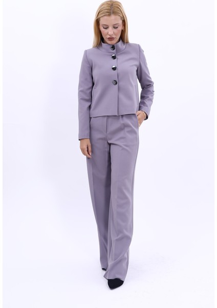 Oval Dik Yaka Kısa Ceket & Korsaj Kemer Palazzo Pantolon-Antrasit