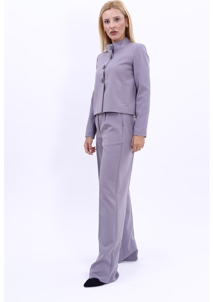 Oval Dik Yaka Kısa Ceket & Korsaj Kemer Palazzo Pantolon-Antrasit fiyatları