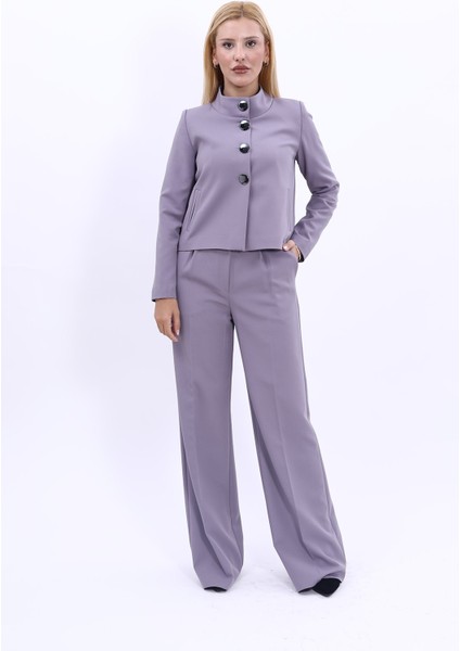 Oval Dik Yaka Kısa Ceket & Korsaj Kemer Palazzo Pantolon-Antrasit indirimleri