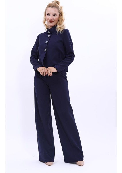 Oval Dik Yaka Kısa Ceket & Korsaj Kemer Palazzo Pantolon-Lacivert
