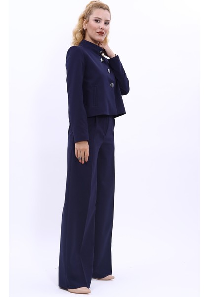 Oval Dik Yaka Kısa Ceket & Korsaj Kemer Palazzo Pantolon-Lacivert fırsatları
