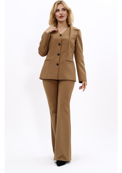 Erkek Yaka Yelek Ceket & İspanyol Paça Pantolon-Camel