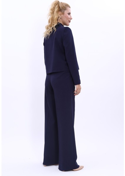 Oval Dik Yaka Kısa Ceket & Korsaj Kemer Palazzo Pantolon-Lacivert indirimleri