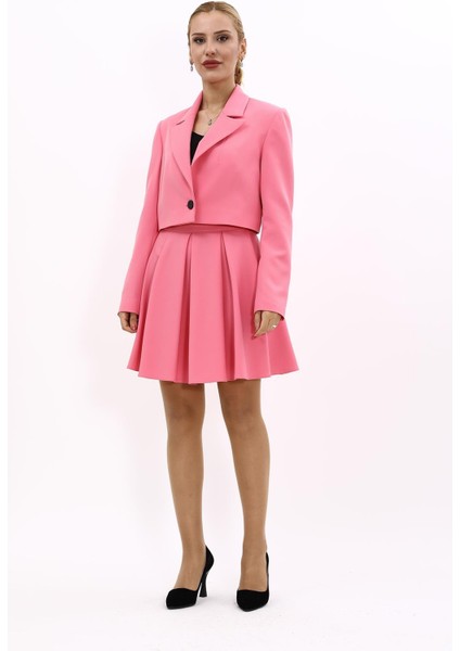 Erkek Yaka Tek Düğmeli Kısa Ceket & Kısa Kloş Etek-Pembe indirimleri