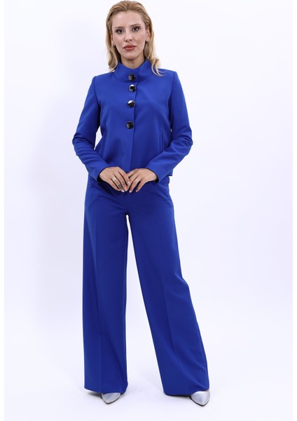 Boydan Düğmeli Mini Ceket & Yüksek Bel Pileli Bol Paça Pantolon Takım-Saks