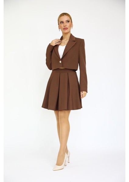 Erkek Yaka Tek Düğmeli Kısa Ceket & Kısa Kloş Etek-Kestane