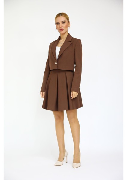 Erkek Yaka Tek Düğmeli Kısa Ceket & Kısa Kloş Etek-Kestane indirimleri