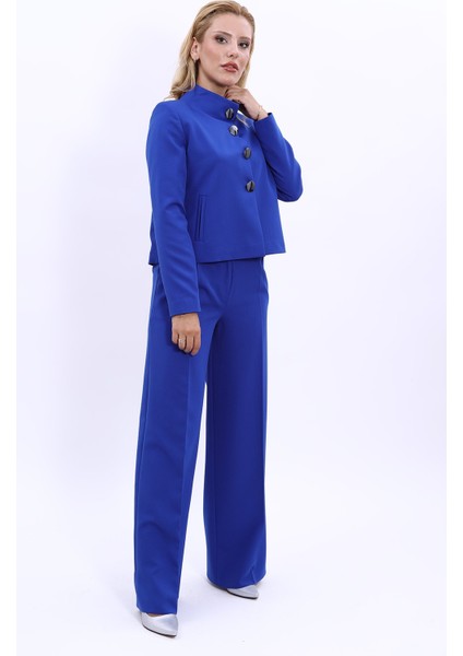 Boydan Düğmeli Mini Ceket & Yüksek Bel Pileli Bol Paça Pantolon Takım-Saks modelleri