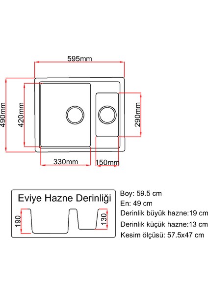 1,5 Gözlü- Gri Renk - 60X50 cm Granit Eviye