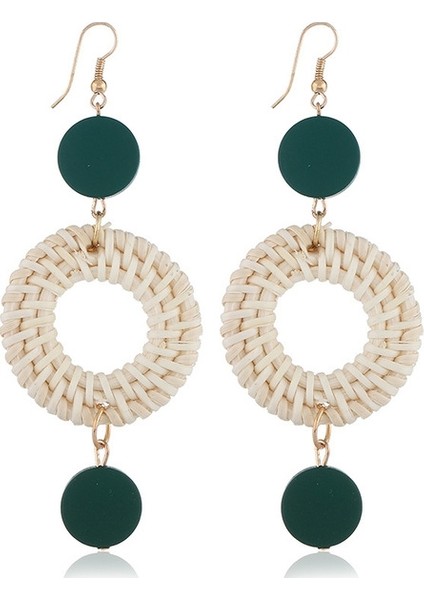 Long Circle Rattan Braided Beach Bohemia Dangles Earring (Green) (Yurt Dışından)