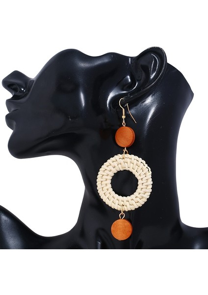 Long Circle Rattan Braided Beach Bohemia Dangles Earring (Brown) (Yurt Dışından)