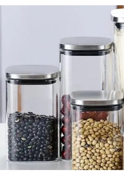 Vakum Krom Kapaklı Kare Cam Kavanoz 8x8*15 cm -800 ml Cam Baharatlık Saklama Kabı 18 Adet