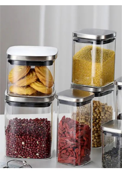 Vakum Krom Kapaklı Kare Cam Kavanoz 8x8*15 cm -800 ml Cam Baharatlık Saklama Kabı 18 Adet