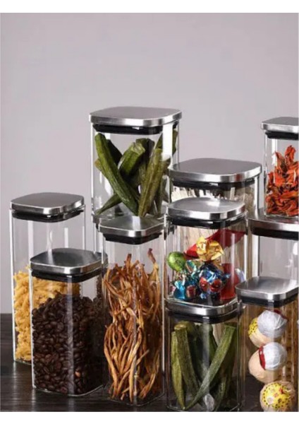 Vakum Krom Kapaklı Kare Cam Kavanoz 8x8*15 cm -800 ml Cam Baharatlık Saklama Kabı 18 Adet