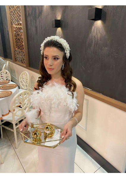 Otriş Tüylü Straplez Gelin Abiye Nikah Elbise
