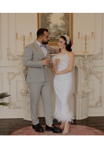 Otriş Tüylü Straplez Gelin Abiye Nikah Elbise fiyatları