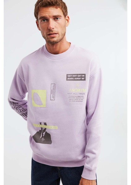 Mıdtown Erkek Çok Pozisyonlu Baskılı Büyük Süs Etiketli Içi Polarlı Lila Sweatshirt