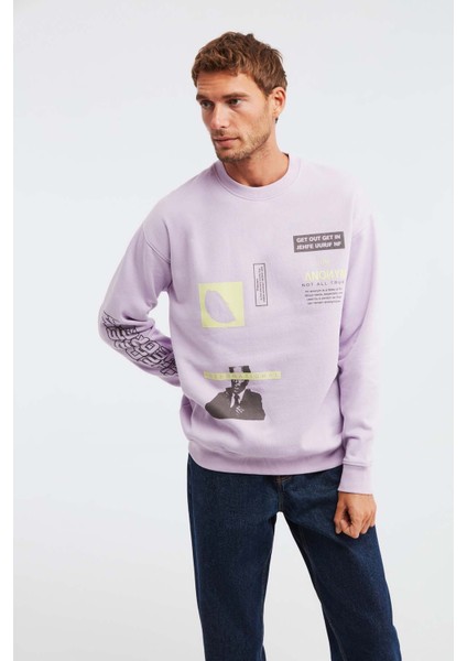 Mıdtown Erkek Çok Pozisyonlu Baskılı Büyük Süs Etiketli Içi Polarlı Lila Sweatshirt