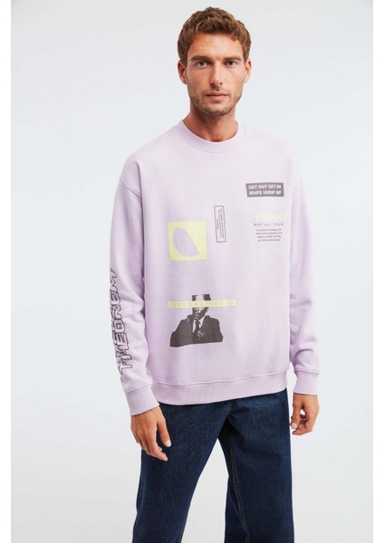 Mıdtown Erkek Çok Pozisyonlu Baskılı Büyük Süs Etiketli Içi Polarlı Lila Sweatshirt