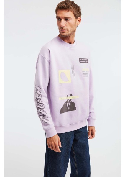 Mıdtown Erkek Çok Pozisyonlu Baskılı Büyük Süs Etiketli Içi Polarlı Lila Sweatshirt